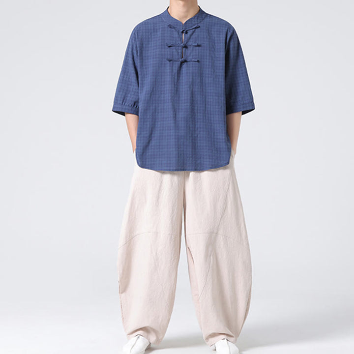 Camicia a maniche corte in cotone e lino con bottoni a Buddha Stones e motivo a quadri cinese Tang Suit, abbigliamento da uomo