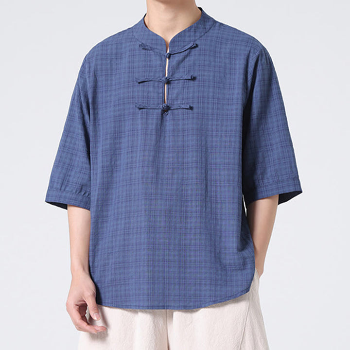 Camicia a maniche corte in cotone e lino con bottoni a Buddha Stones e motivo a quadri cinese Tang Suit, abbigliamento da uomo