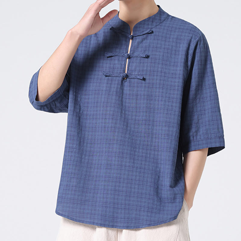 Camicia a maniche corte in cotone e lino con bottoni a Buddha Stones e motivo a quadri cinese Tang Suit, abbigliamento da uomo