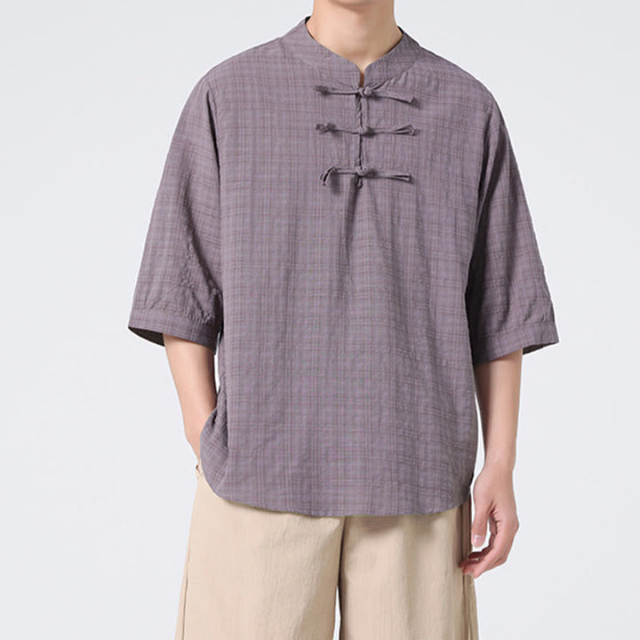 Camicia a maniche corte in cotone e lino con bottoni a Buddha Stones e motivo a quadri cinese Tang Suit, abbigliamento da uomo