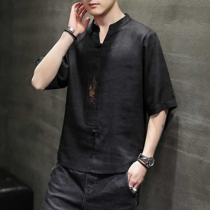 Buddha Stones Rana-Bottone Fenice Ricamo Cinese Tang Suit Camicia Manica Corta Cotone Lino Abbigliamento Uomo