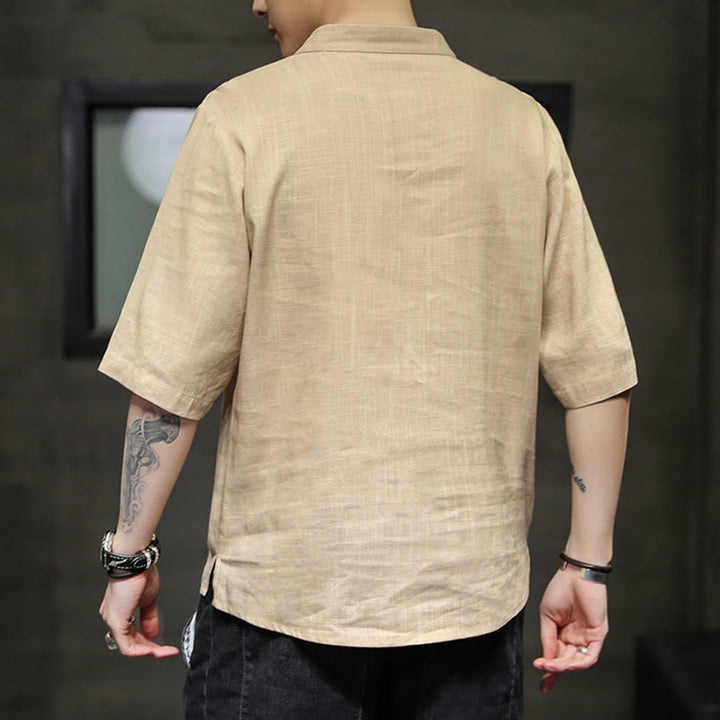 Buddha Stones Rana-Bottone Fenice Ricamo Cinese Tang Suit Camicia Manica Corta Cotone Lino Abbigliamento Uomo