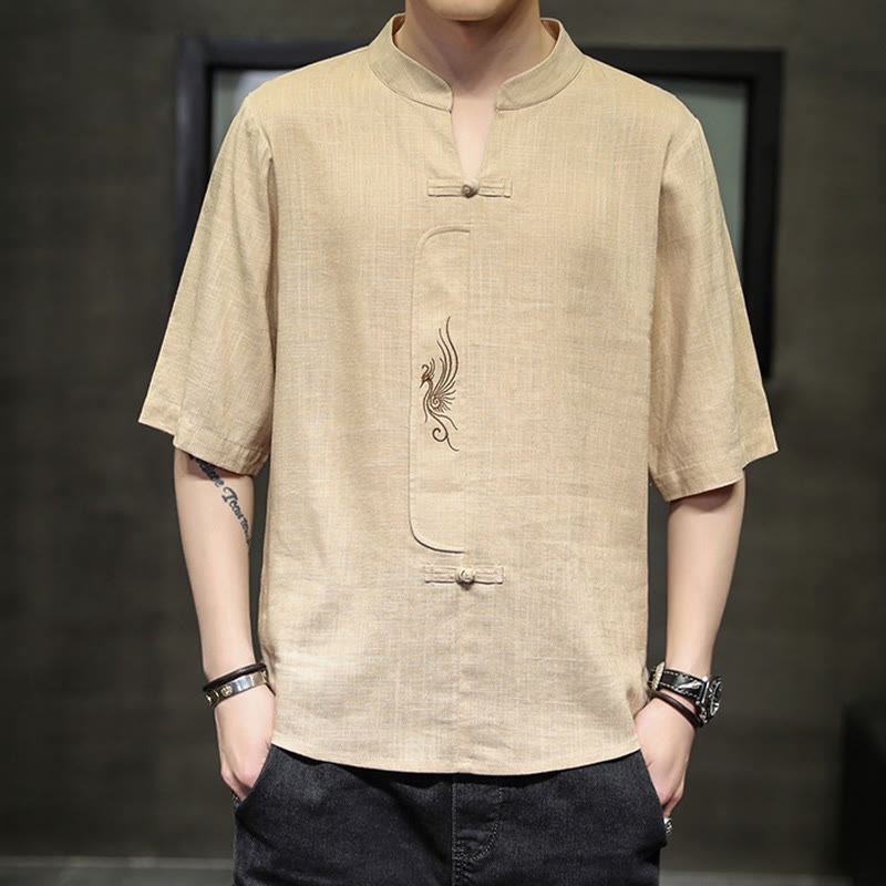 Buddha Stones Rana-Bottone Fenice Ricamo Cinese Tang Suit Camicia Manica Corta Cotone Lino Abbigliamento Uomo