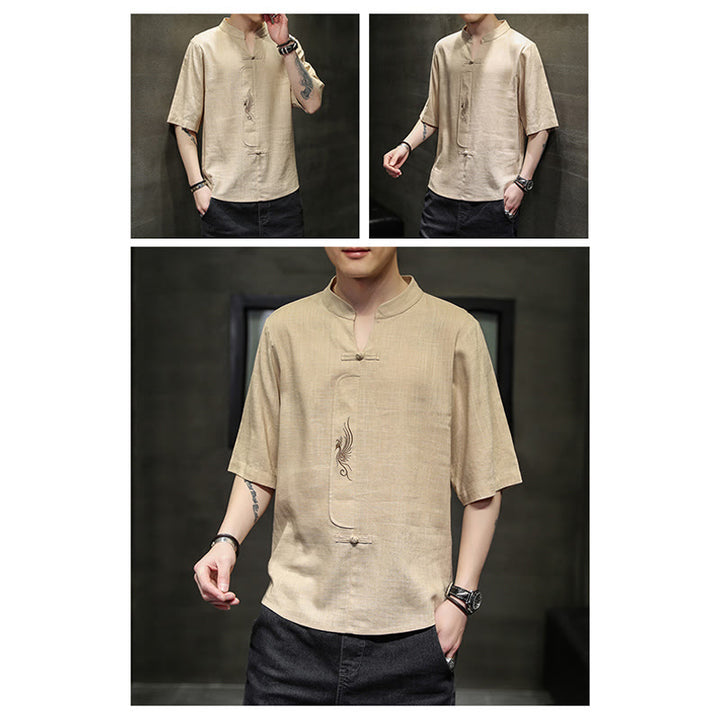 Buddha Stones Rana-Bottone Fenice Ricamo Cinese Tang Suit Camicia Manica Corta Cotone Lino Abbigliamento Uomo