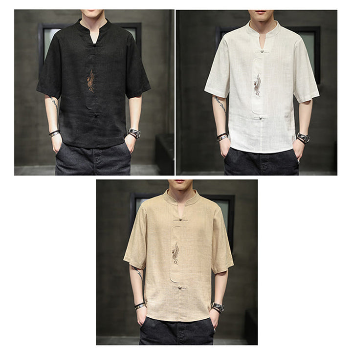 Buddha Stones Rana-Bottone Fenice Ricamo Cinese Tang Suit Camicia Manica Corta Cotone Lino Abbigliamento Uomo