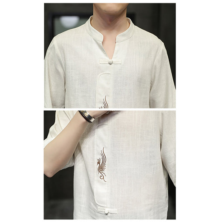 Buddha Stones Rana-Bottone Fenice Ricamo Cinese Tang Suit Camicia Manica Corta Cotone Lino Abbigliamento Uomo