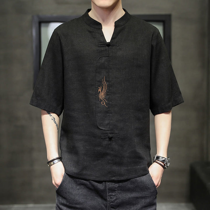 Buddha Stones Rana-Bottone Fenice Ricamo Cinese Tang Suit Camicia Manica Corta Cotone Lino Abbigliamento Uomo - Nero - US/UK/AU46, EU56 (5XL) - image 16