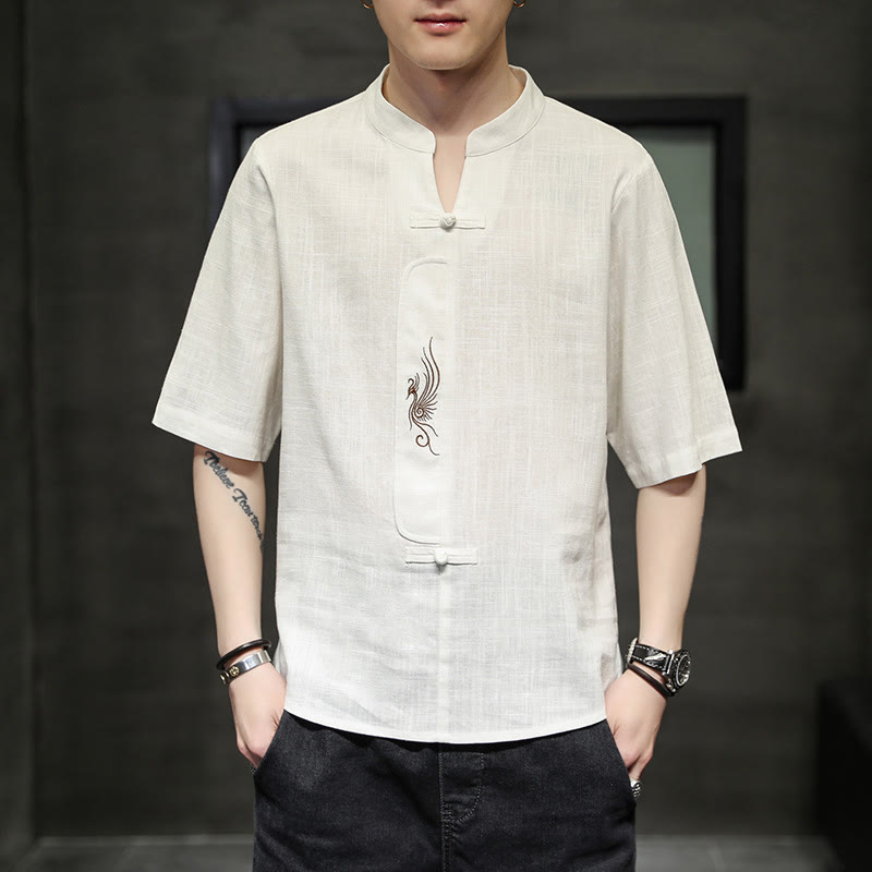 Buddha Stones Rana-Bottone Fenice Ricamo Cinese Tang Suit Camicia Manica Corta Cotone Lino Abbigliamento Uomo - image 1