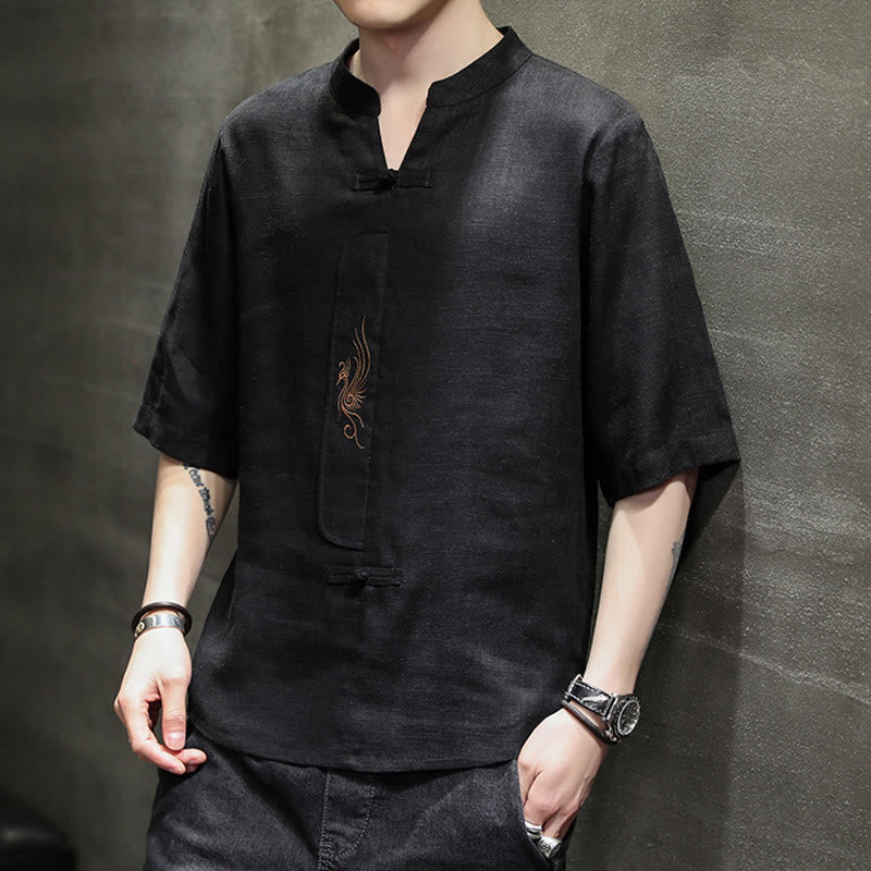 Buddha Stones Rana-Bottone Fenice Ricamo Cinese Tang Suit Camicia Manica Corta Cotone Lino Abbigliamento Uomo