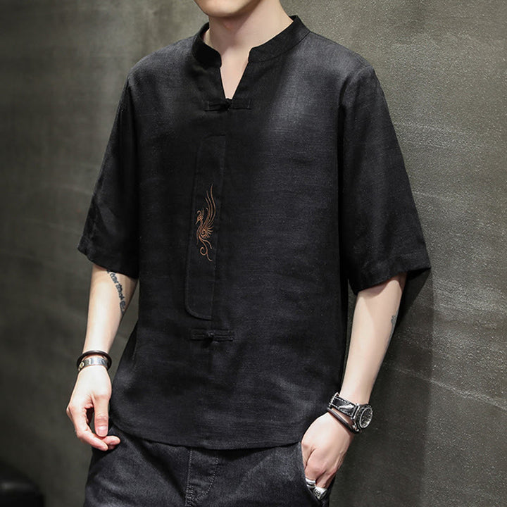 Buddha Stones Rana-Bottone Fenice Ricamo Cinese Tang Suit Camicia Manica Corta Cotone Lino Abbigliamento Uomo