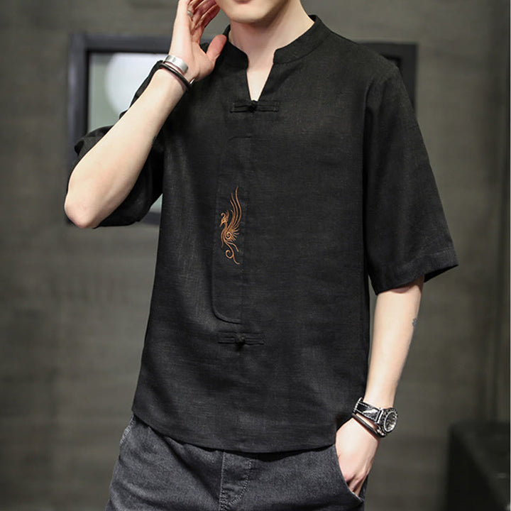 Buddha Stones Rana-Bottone Fenice Ricamo Cinese Tang Suit Camicia Manica Corta Cotone Lino Abbigliamento Uomo