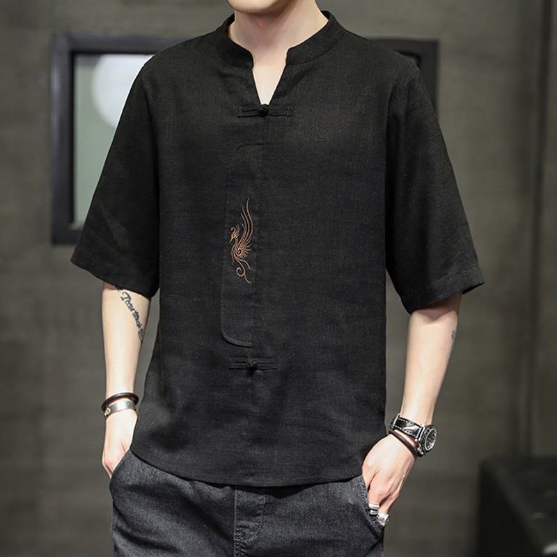Buddha Stones Rana-Bottone Fenice Ricamo Cinese Tang Suit Camicia Manica Corta Cotone Lino Abbigliamento Uomo
