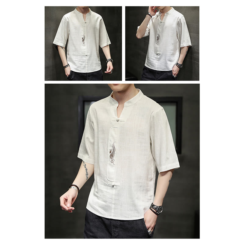 Buddha Stones Rana-Bottone Fenice Ricamo Cinese Tang Suit Camicia Manica Corta Cotone Lino Abbigliamento Uomo