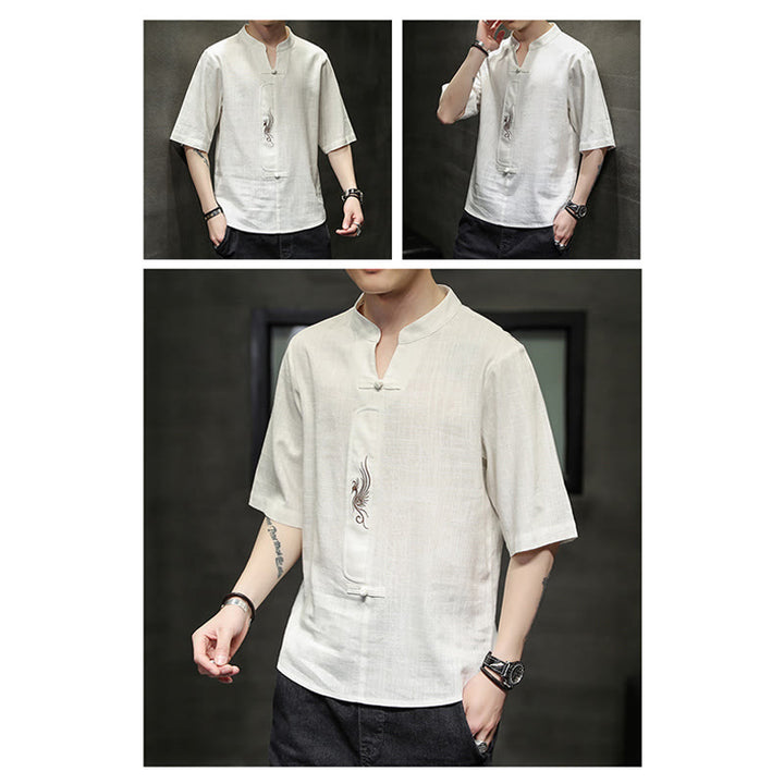 Buddha Stones Rana-Bottone Fenice Ricamo Cinese Tang Suit Camicia Manica Corta Cotone Lino Abbigliamento Uomo