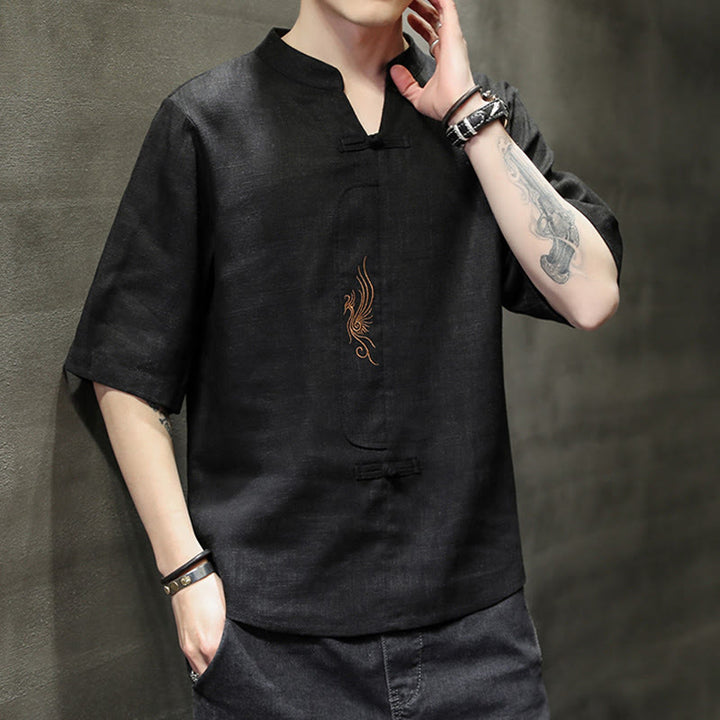 Buddha Stones Rana-Bottone Fenice Ricamo Cinese Tang Suit Camicia Manica Corta Cotone Lino Abbigliamento Uomo
