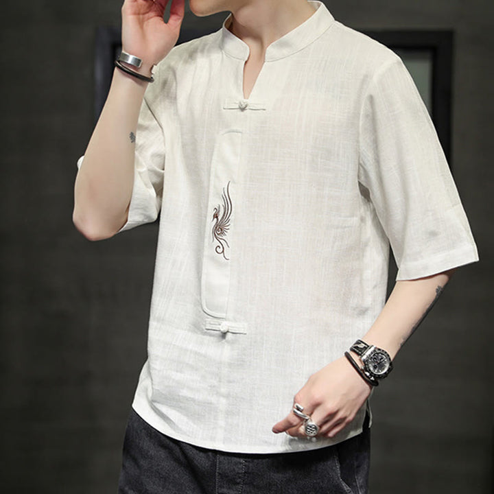 Buddha Stones Rana-Bottone Fenice Ricamo Cinese Tang Suit Camicia Manica Corta Cotone Lino Abbigliamento Uomo