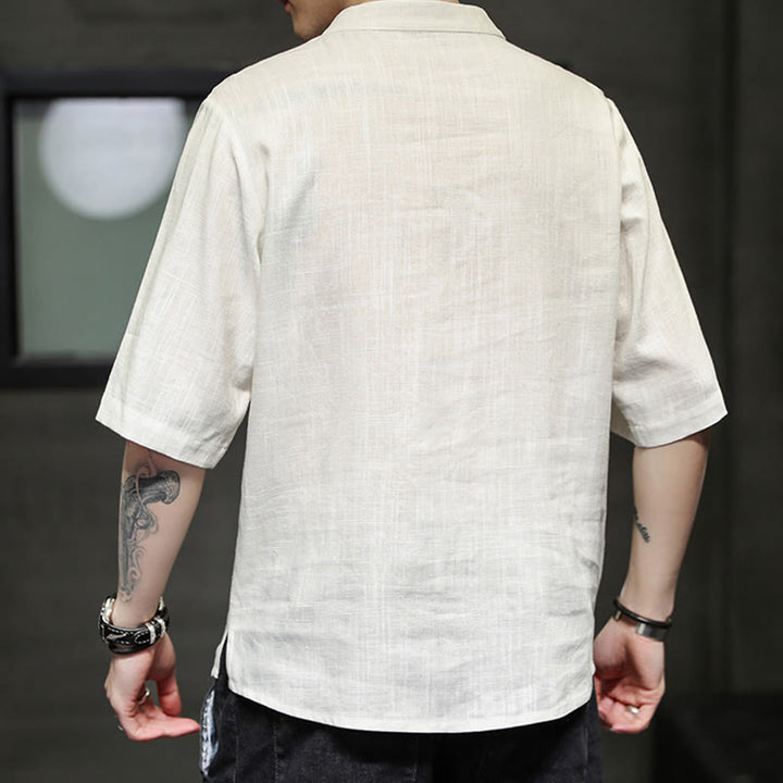 Buddha Stones Rana-Bottone Fenice Ricamo Cinese Tang Suit Camicia Manica Corta Cotone Lino Abbigliamento Uomo