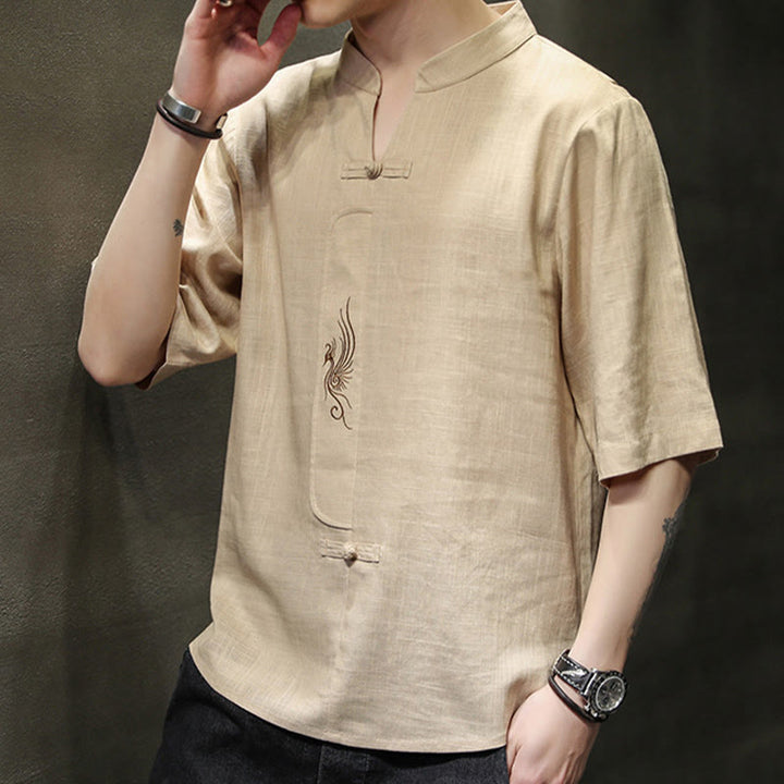 Buddha Stones Rana-Bottone Fenice Ricamo Cinese Tang Suit Camicia Manica Corta Cotone Lino Abbigliamento Uomo