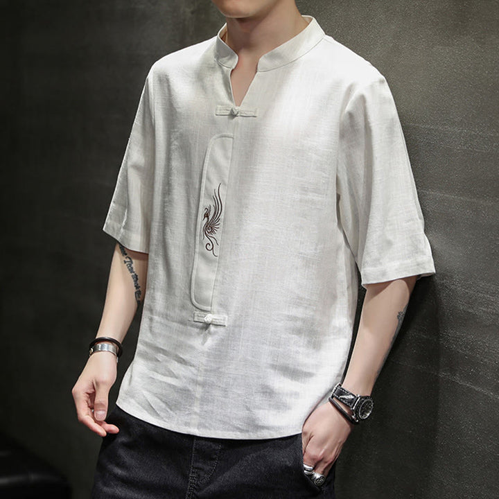 Buddha Stones Rana-Bottone Fenice Ricamo Cinese Tang Suit Camicia Manica Corta Cotone Lino Abbigliamento Uomo