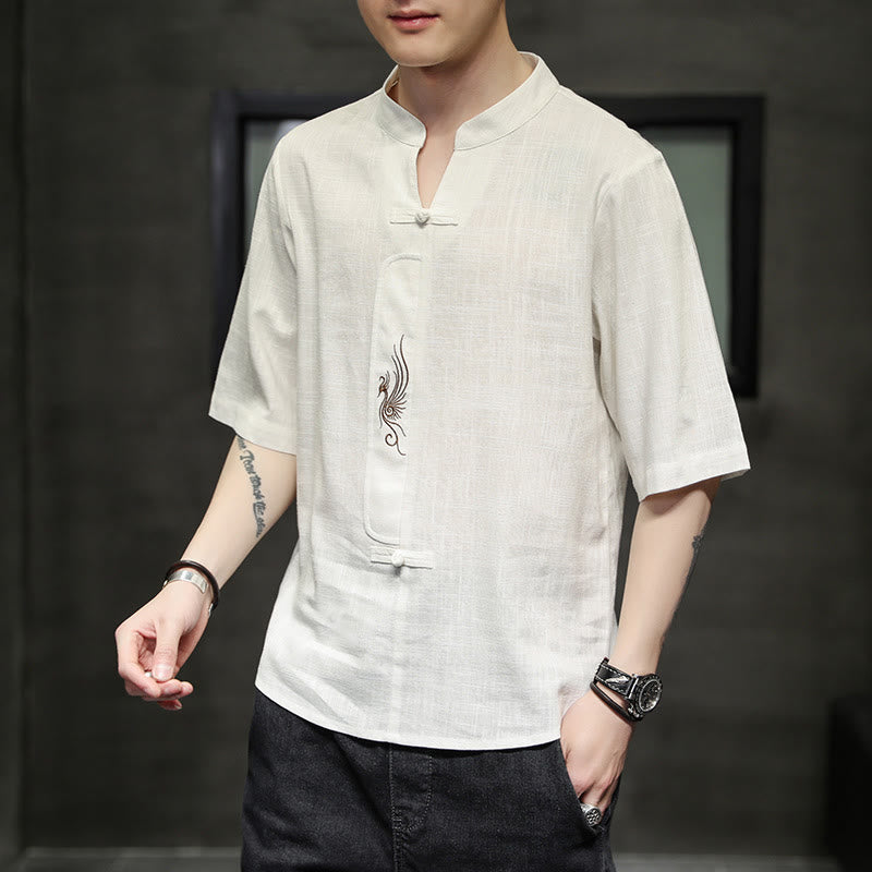 Buddha Stones Rana-Bottone Fenice Ricamo Cinese Tang Suit Camicia Manica Corta Cotone Lino Abbigliamento Uomo