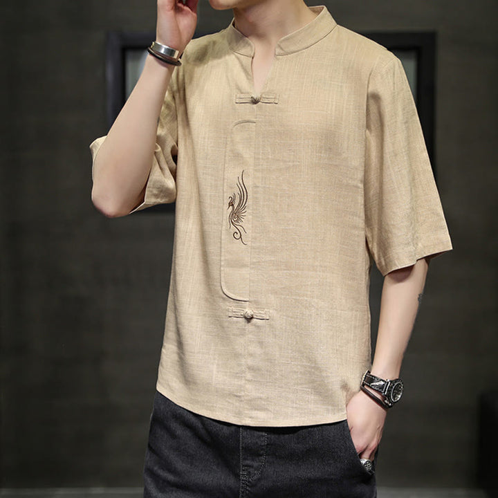 Buddha Stones Rana-Bottone Fenice Ricamo Cinese Tang Suit Camicia Manica Corta Cotone Lino Abbigliamento Uomo