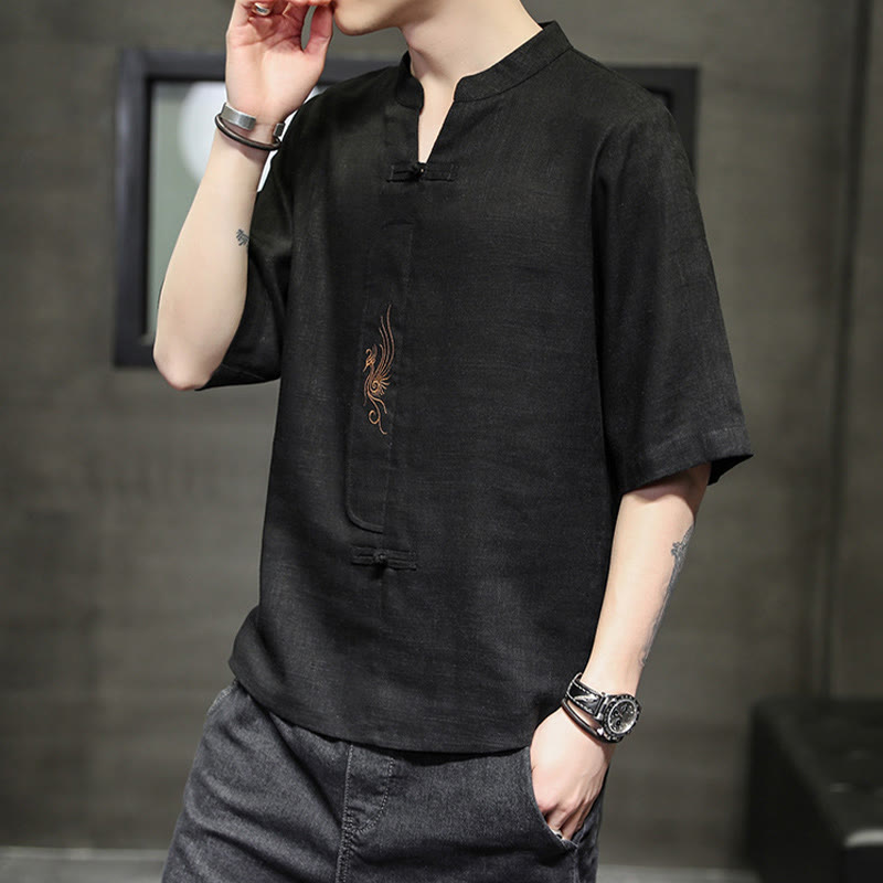 Buddha Stones Rana-Bottone Fenice Ricamo Cinese Tang Suit Camicia Manica Corta Cotone Lino Abbigliamento Uomo