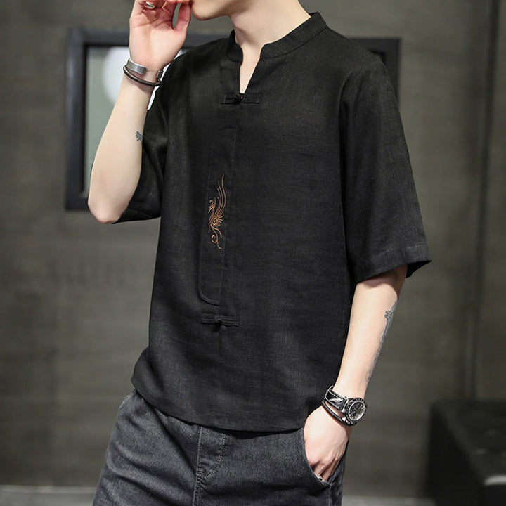 Buddha Stones Rana-Bottone Fenice Ricamo Cinese Tang Suit Camicia Manica Corta Cotone Lino Abbigliamento Uomo