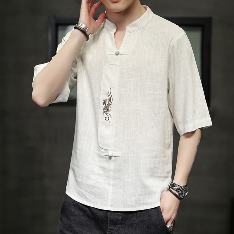Buddha Stones Rana-Bottone Fenice Ricamo Cinese Tang Suit Camicia Manica Corta Cotone Lino Abbigliamento Uomo