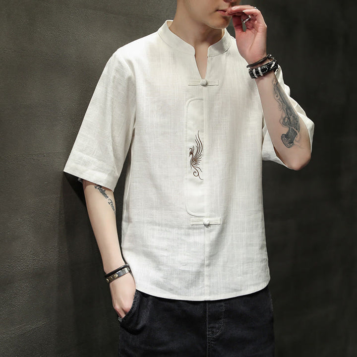 Buddha Stones Rana-Bottone Fenice Ricamo Cinese Tang Suit Camicia Manica Corta Cotone Lino Abbigliamento Uomo