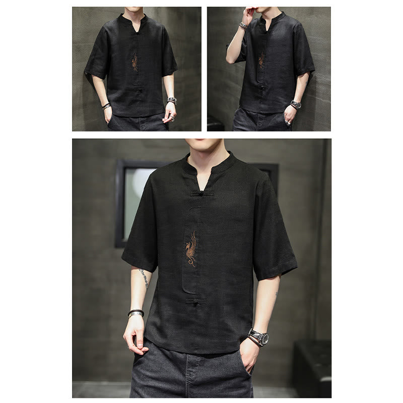 Buddha Stones Rana-Bottone Fenice Ricamo Cinese Tang Suit Camicia Manica Corta Cotone Lino Abbigliamento Uomo