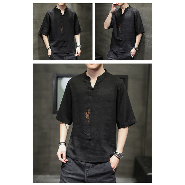 Buddha Stones Rana-Bottone Fenice Ricamo Cinese Tang Suit Camicia Manica Corta Cotone Lino Abbigliamento Uomo
