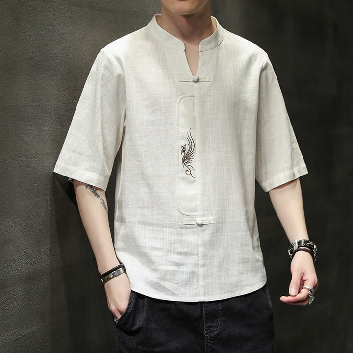 Buddha Stones Rana-Bottone Fenice Ricamo Cinese Tang Suit Camicia Manica Corta Cotone Lino Abbigliamento Uomo