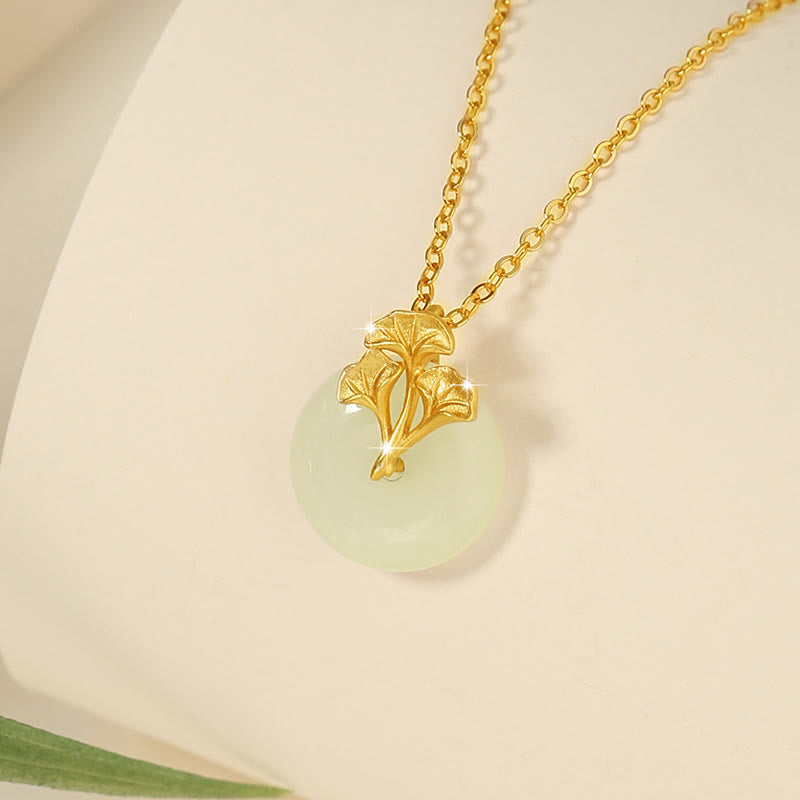 Collana con ciondolo Buddha Stones in argento sterling 925, giada Hetian, foglie di ginkgo e prosperità