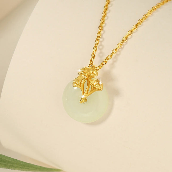 Collana con ciondolo Buddha Stones in argento sterling 925, giada Hetian, foglie di ginkgo e prosperità