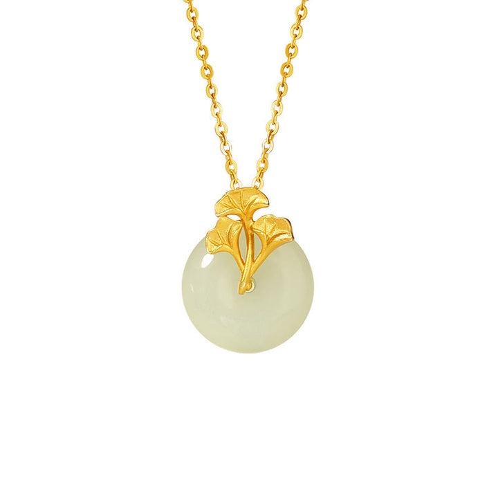 Collana con ciondolo Buddha Stones in argento sterling 925, giada Hetian, foglie di ginkgo e prosperità