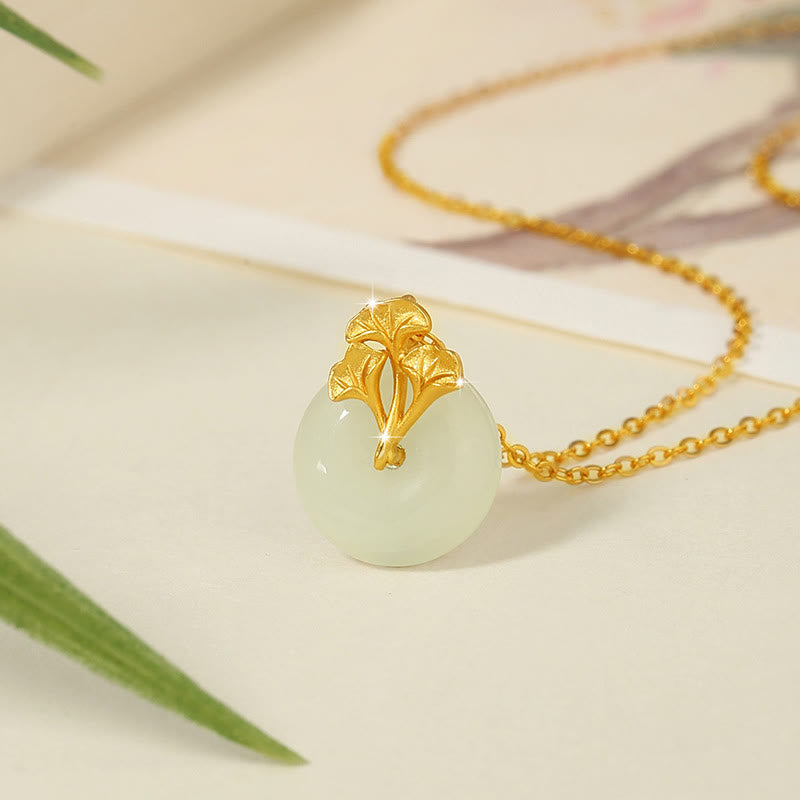 Collana con ciondolo Buddha Stones in argento sterling 925, giada Hetian, foglie di ginkgo e prosperità