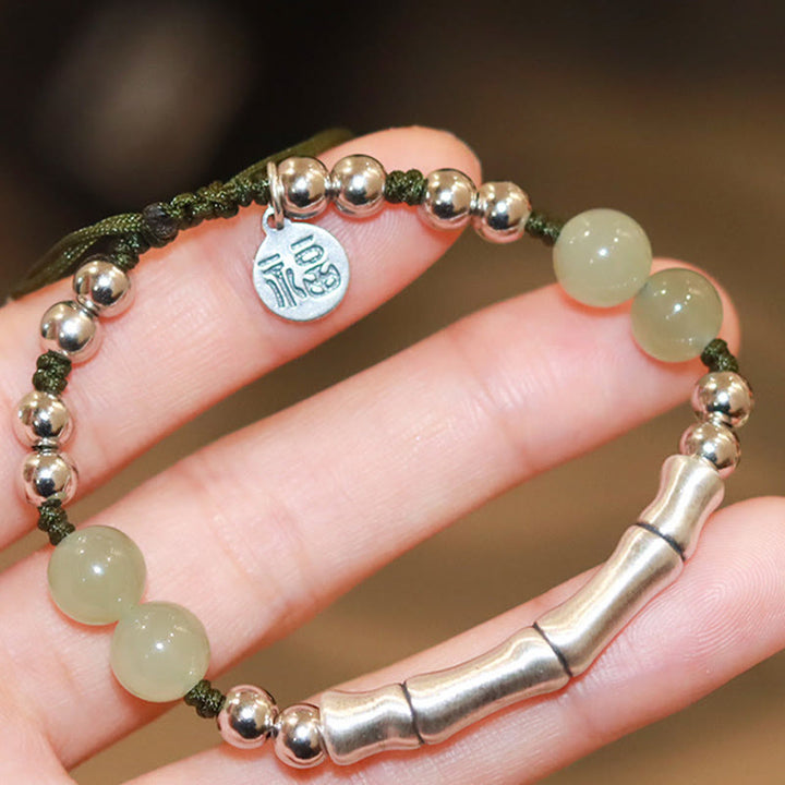 Bracciale Buddha Stones 925 Sterling Silver Jade naturale Fu Character Bamboo Abundance