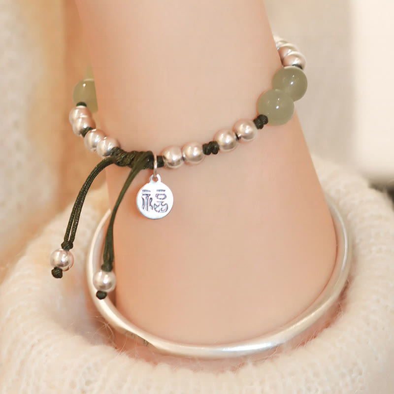 Bracciale Buddha Stones 925 Sterling Silver Jade naturale Fu Character Bamboo Abundance - image 4