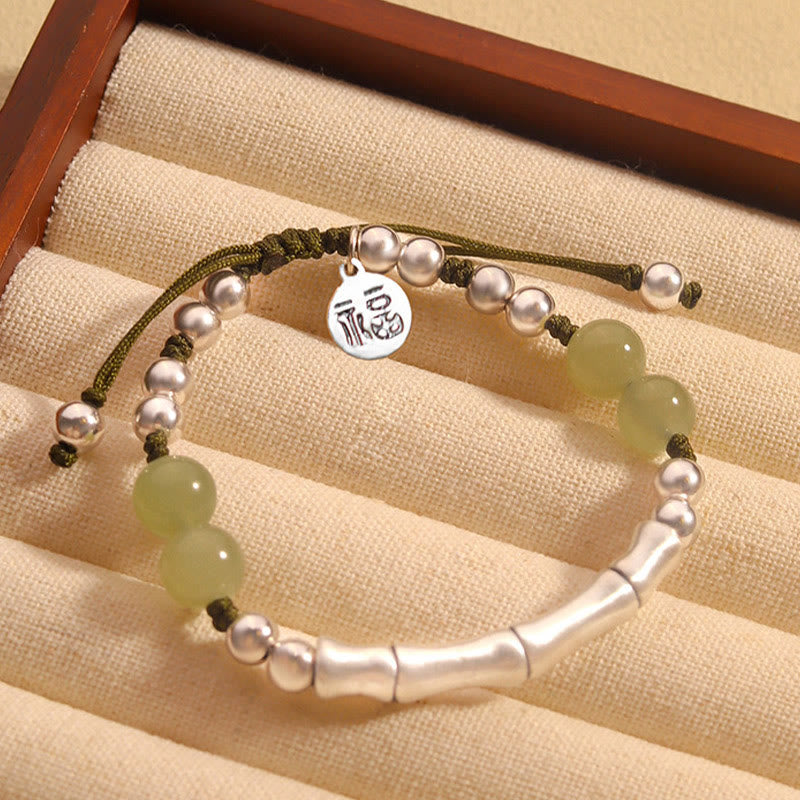 Bracciale Buddha Stones 925 Sterling Silver Jade naturale Fu Character Bamboo Abundance - Giada (circonferenza del polso 14-19 cm) - image 0