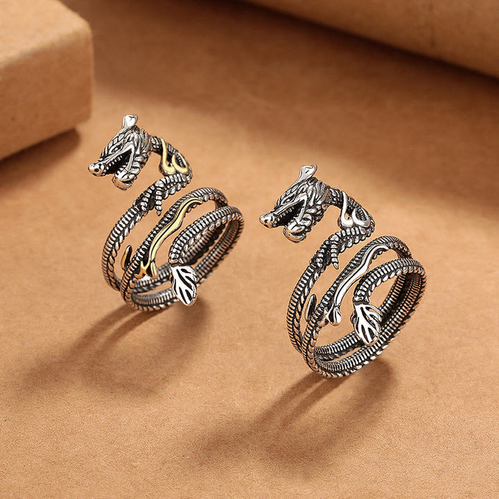 Anello di forza in rame con motivo drago vintage Buddha Stones