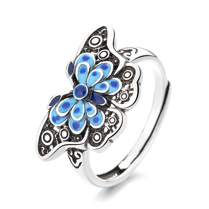 Anello Buddha Stones Hollow Enamel Blue Butterfly Pattern Love