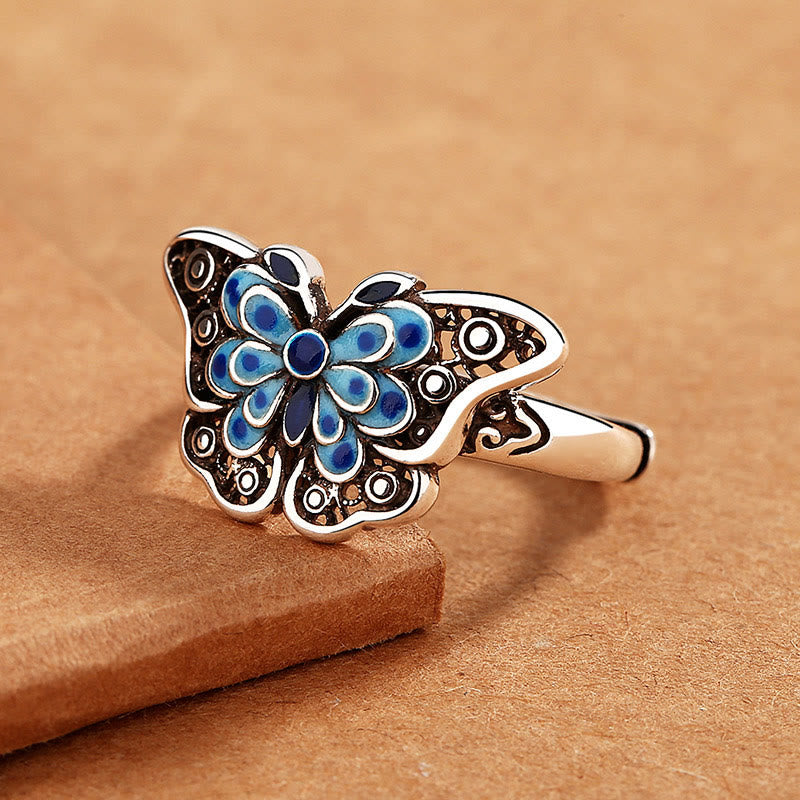 Anello Buddha Stones Hollow Enamel Blue Butterfly Pattern Love