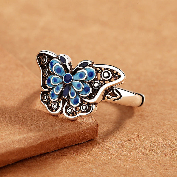 Anello Buddha Stones Hollow Enamel Blue Butterfly Pattern Love