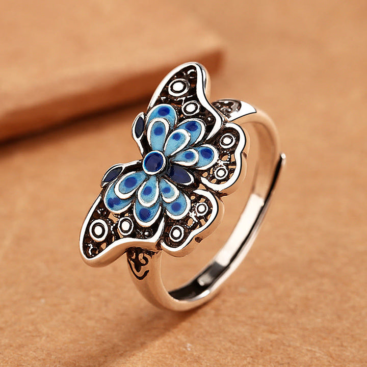 Anello Buddha Stones Hollow Enamel Blue Butterfly Pattern Love