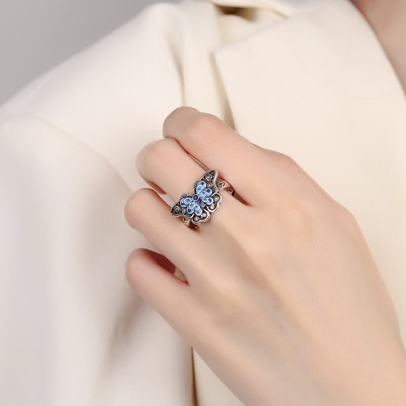 Anello Buddha Stones Hollow Enamel Blue Butterfly Pattern Love