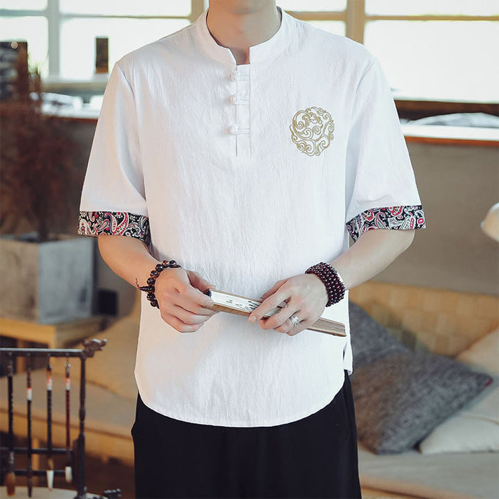 Buddha Stones Rana-Bottone Drago Ricamo Cinese Tang Suit Camicia Manica Corta Lino Abbigliamento Uomo