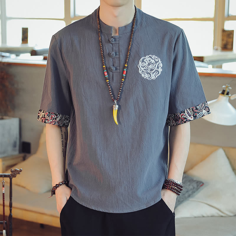 Buddha Stones Rana-Bottone Drago Ricamo Cinese Tang Suit Camicia Manica Corta Lino Abbigliamento Uomo - Grigio - US/UK/AU46, EU56 (5XL)  - image 0