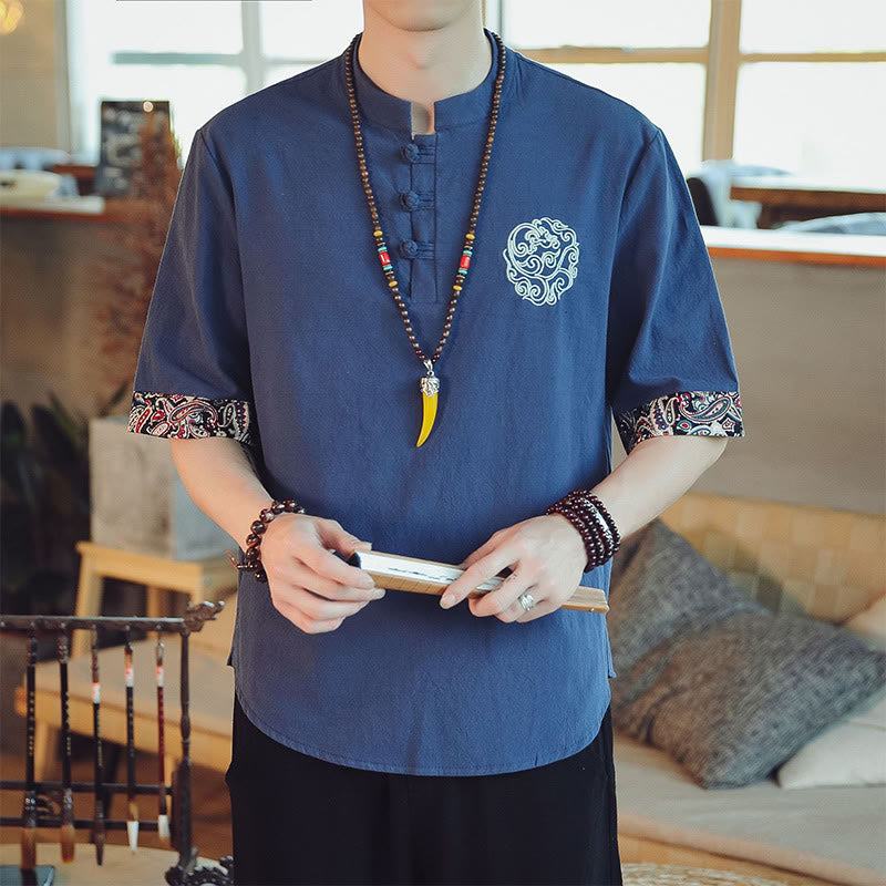 Buddha Stones Rana-Bottone Drago Ricamo Cinese Tang Suit Camicia Manica Corta Lino Abbigliamento Uomo