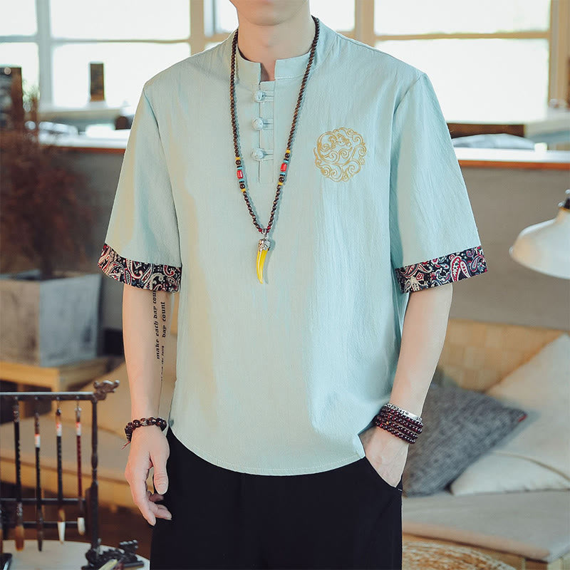 Buddha Stones Rana-Bottone Drago Ricamo Cinese Tang Suit Camicia Manica Corta Lino Abbigliamento Uomo