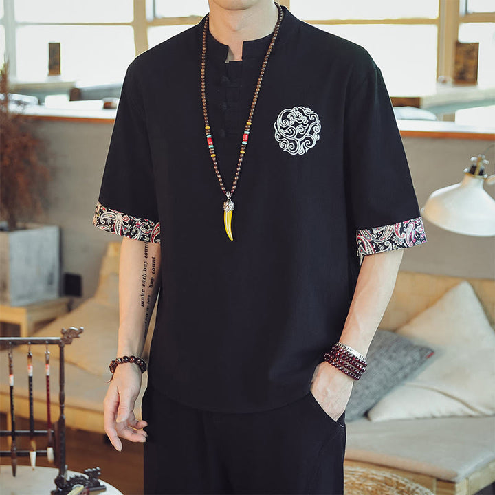 Buddha Stones Rana-Bottone Drago Ricamo Cinese Tang Suit Camicia Manica Corta Lino Abbigliamento Uomo